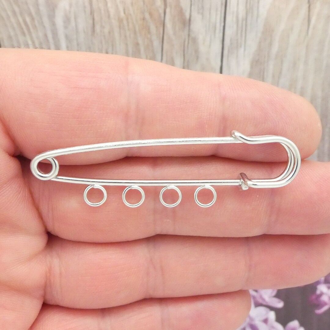 Bulk 6 Silver Safety Pin Charm Holder With 4 Loops 21x75mm by TIJC