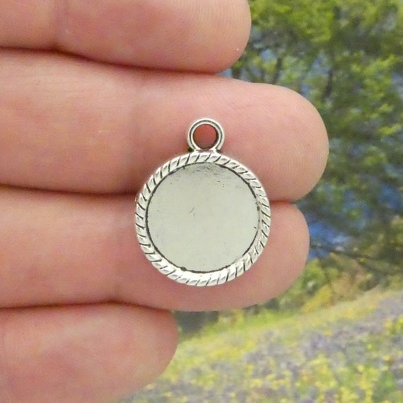 5 Rope Round Photo Charm Silver Bezel Blank for Photo Jewelry