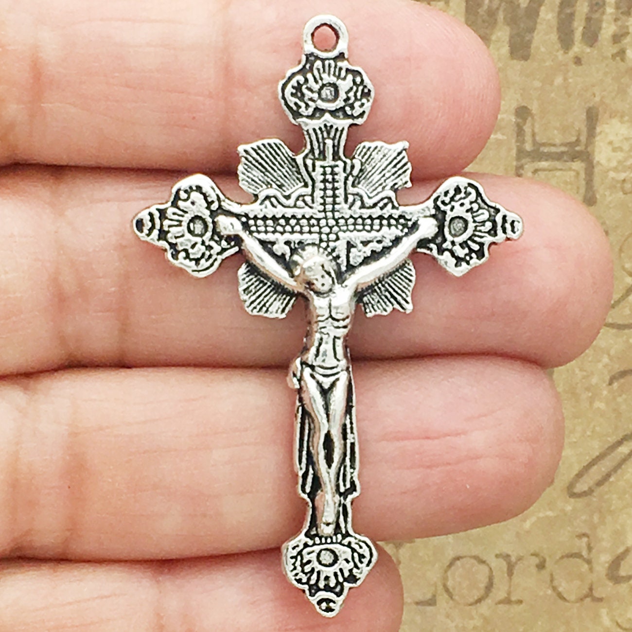 Bulk Pack of 5 - St Benedict Crucifix Extra Large Cross for Rosary Making -  2 1/8 Inch Silver Oxidized Crucifix Rosary Part for Saint Benedict Rosary
