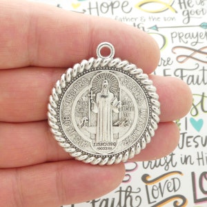 1 Large Silver St Benedict Charm with Rope Accent 45x40mm by TIJC SP1293