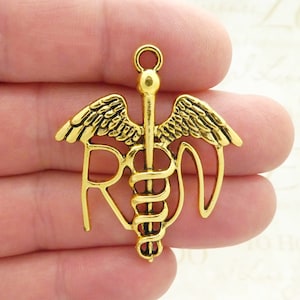 4 Gold RN Caduceus Medical Charm Nurse Pendant 44x37mm by TIJC SP1353