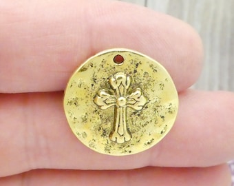 3 Gold Hammered Cross Charm Pendant by TIJC SP1861