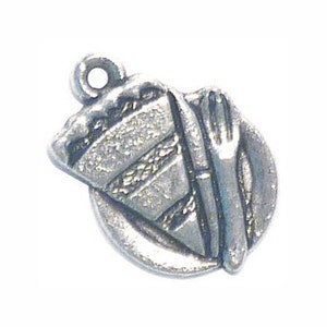 May include: Silver charm featuring a slice of pie with a fork on a plate.