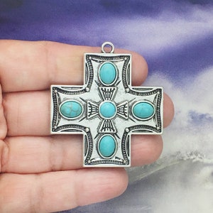 42x29mm Antique Silver Pewter Blue Turquoise Ornate Cross Pendant 
