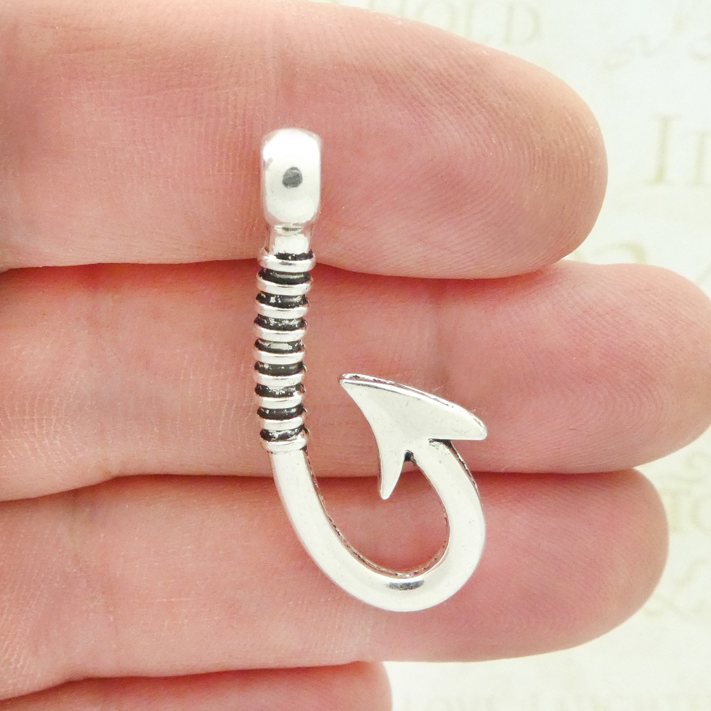 BULK 9 Silver Fish Hook Charm Fishing Pendant 39x19x7mm by