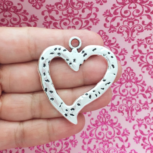 2 Open Heart Charm Hammered Silver by TIJC SP1564