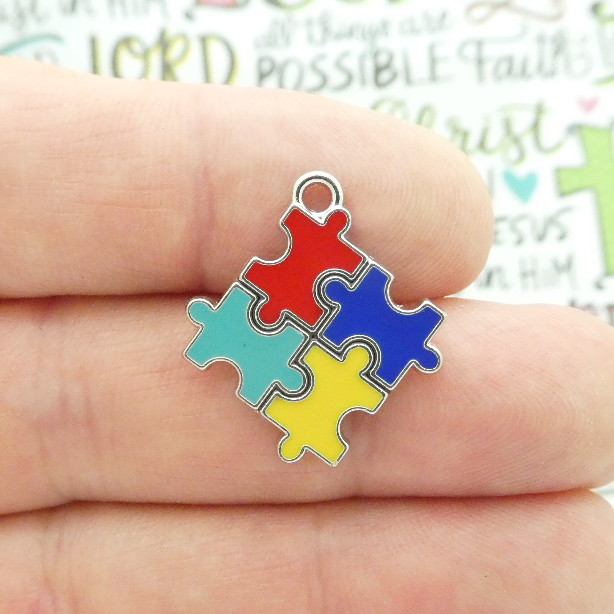 Multi-Colored Bead Stretch Charm Bracelet Autism Awareness Puzzle Piece and Pray for A Cure Charms