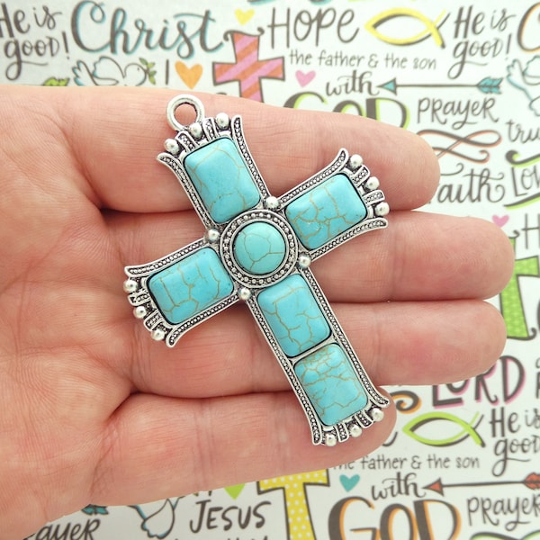 1 Turquoise Cross Charm Pendant Silver SP1624