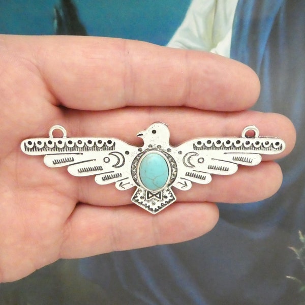 1 Silver Thunderbird Charm Pendant with Turquoise for Southwest Jewelry 35x90mm by TIJC SP1623