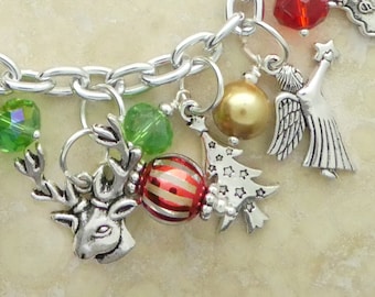 Christmas Charm Bracelet Double Link Silver Tone Glass Beads