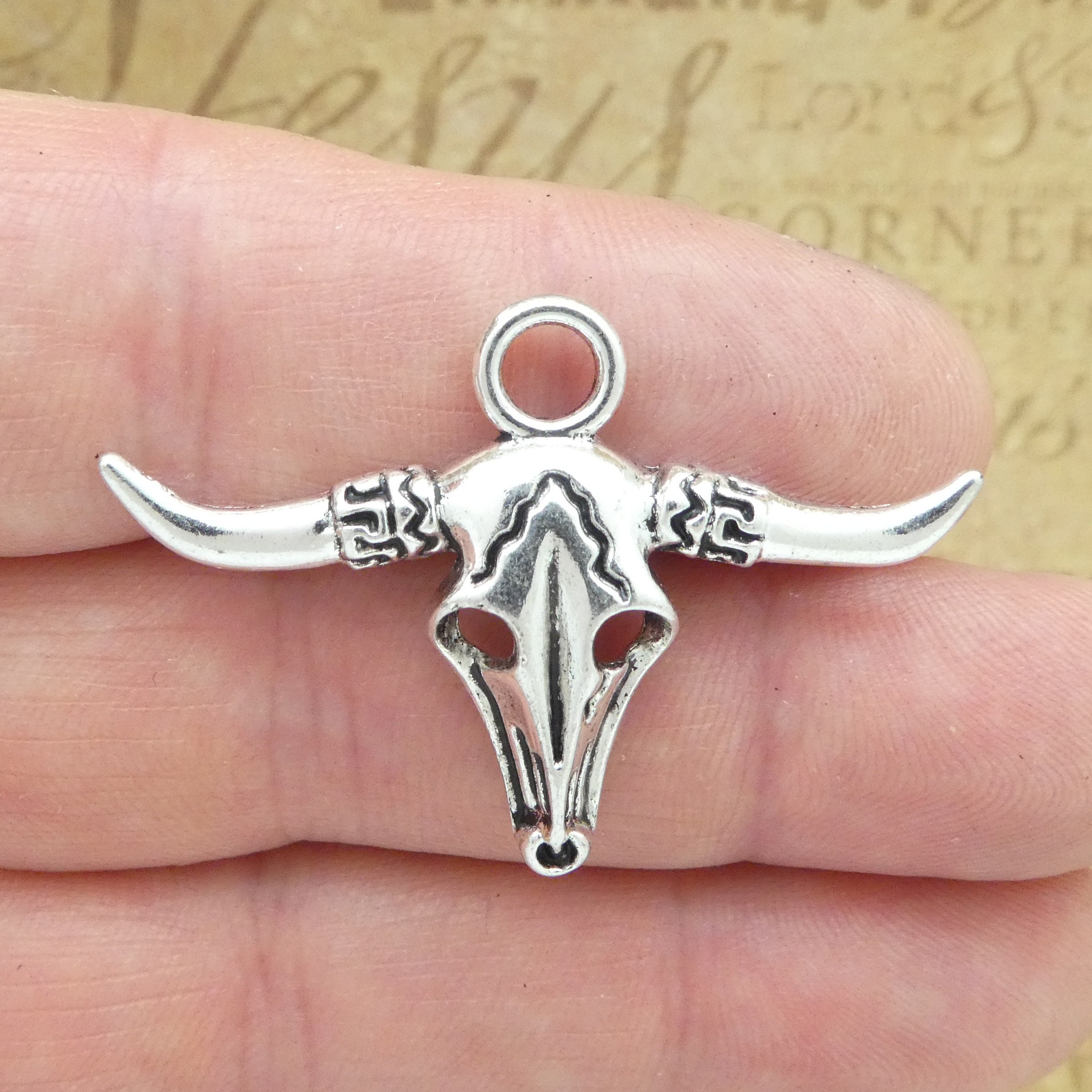 Bull Skull Pendant Charms for DIY Jewelry Supplies |BestBeaded Silver / 6 Pcs