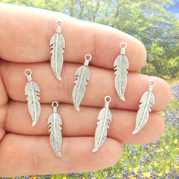 20 Silver Feather Charm Pendant 26x7mm by TIJC SP1367 - Etsy