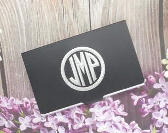 Personalized Business Card Case Holder Black and Silver with Monogram by TIJC FC86448BKC