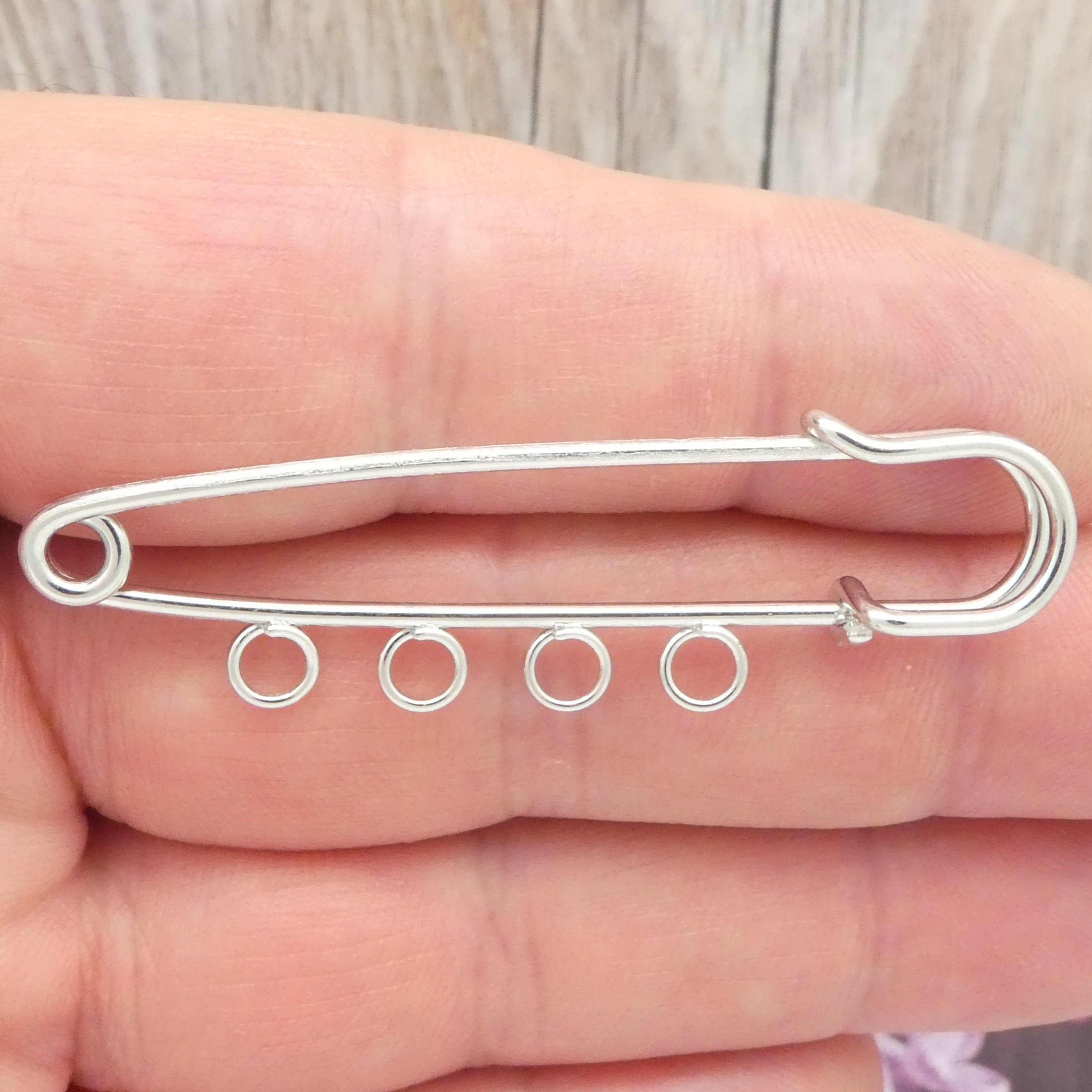 Bulk 6 Silver Safety Pin Charm Holder With 4 Loops 21x75mm by TIJC