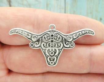 3 Silver Longhorn Pendant 25x50mm by TIJC SP0804