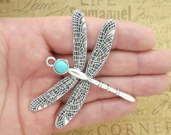 1 Ornate Silver Dragonfly Charm Pendant with Turquoise Accent by TIJC SP1995