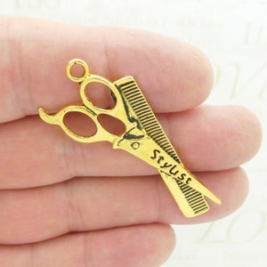 3 Gold Scissor and Comb Hair Stylist Charm 52x25mm by TIJC SP1451