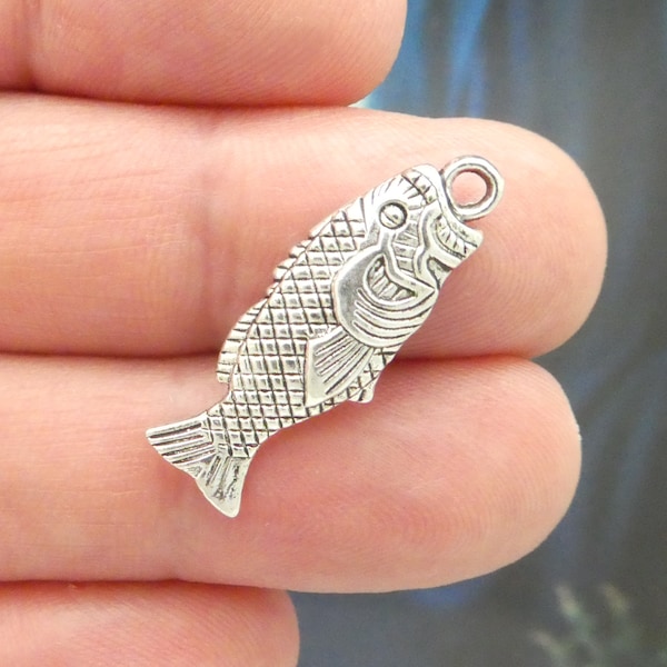 6 Silver Game Fish Charm for Fishing Jewelry 28x10mm by TIJC SP0889