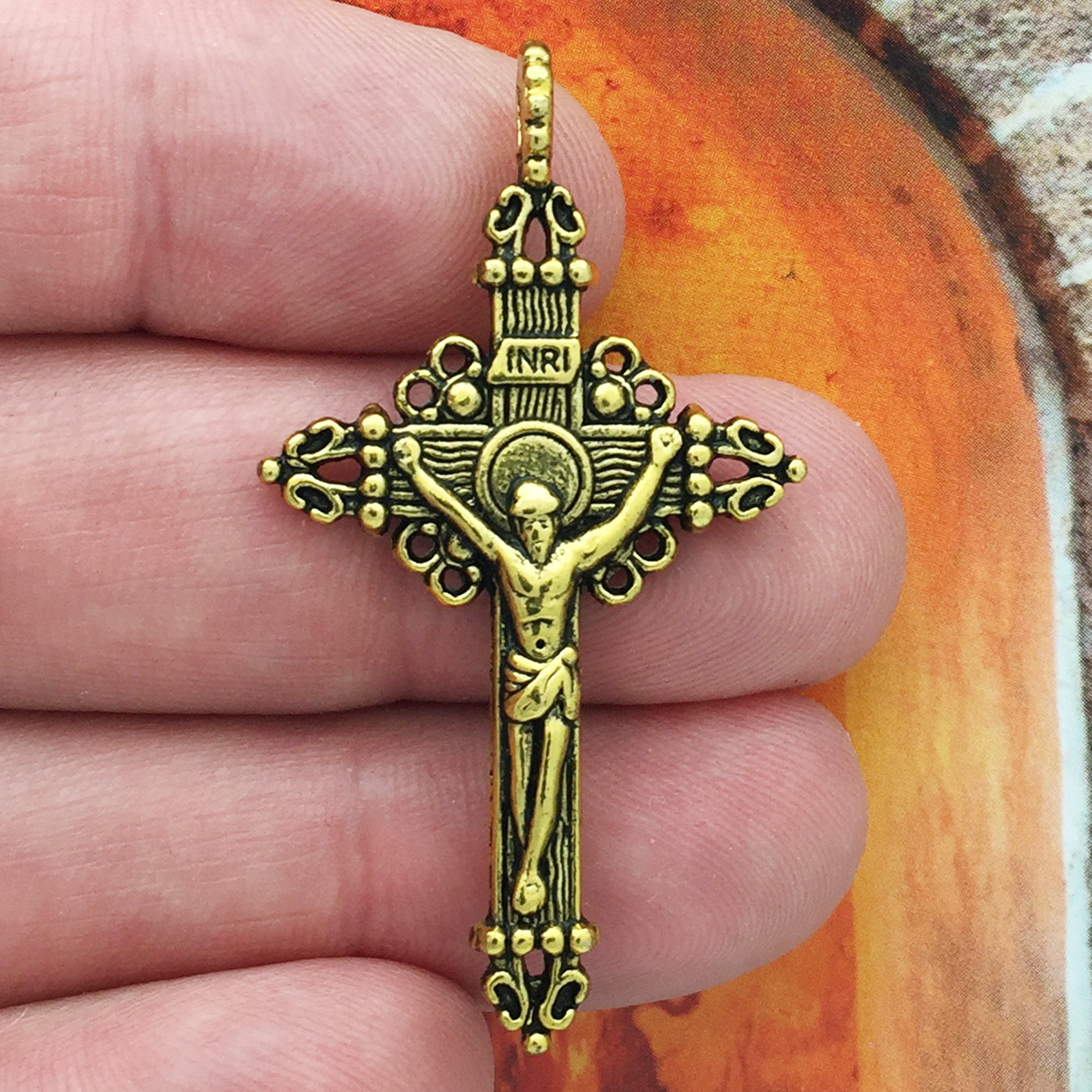 6 Copper Crucifix Cross Charm Rosary Parts by TIJC SP1135 