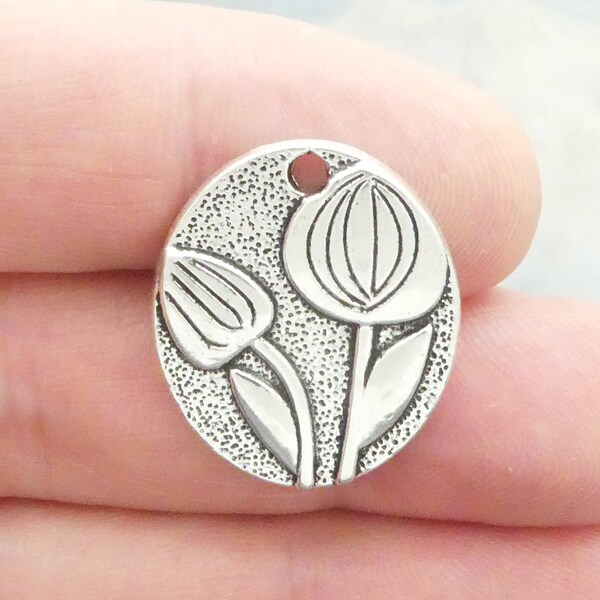 5 Tulip Charm Silver Flower Pendant 25x22mm by TIJC SP0376