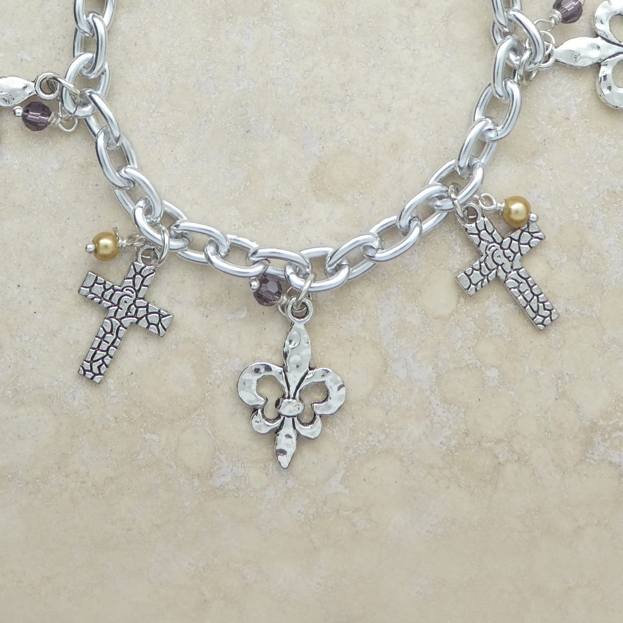 専用　silver 925 fleur cross charm bracelet Fleur De Lis Cross Charm Bracelet, Pearls, Crystals, 8 Inch - Etsy