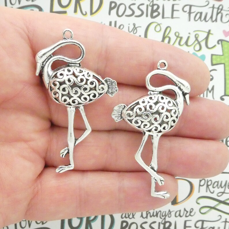 1 Silver Flamingo Pendant Art Deco Style 54x31mm by TIJC SP0655