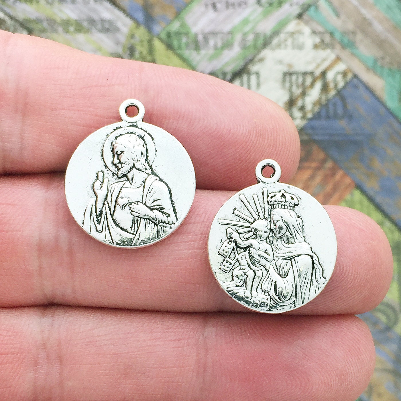 5 Silver Jesus Charm and Madonna With Child Medal by TIJC