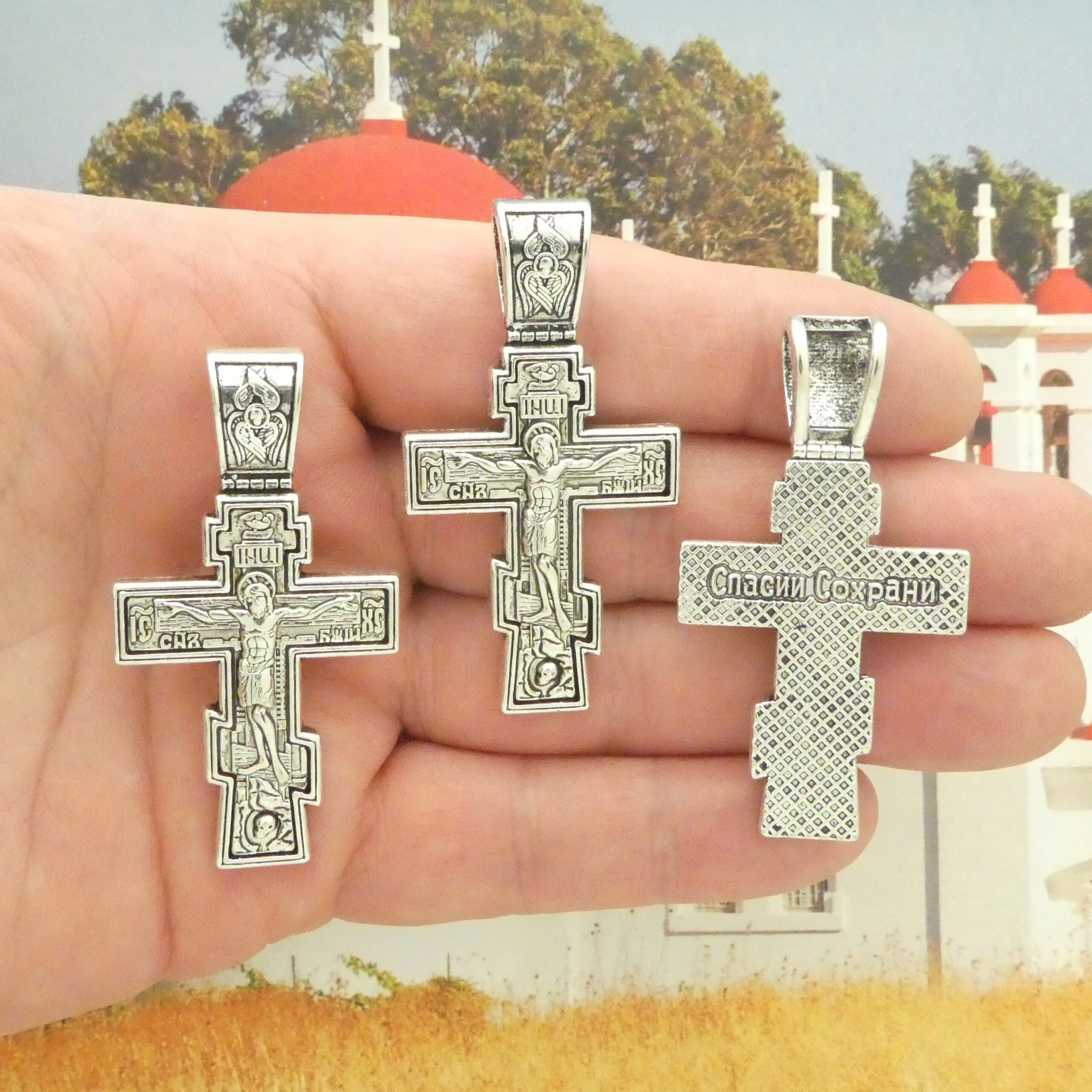 3 Silver Crucifix Cross Charm Rosary Parts by TIJC SP0356