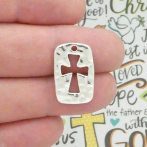 5 Dog Tag Silver Hammered Cross Charm Pendant SP1023