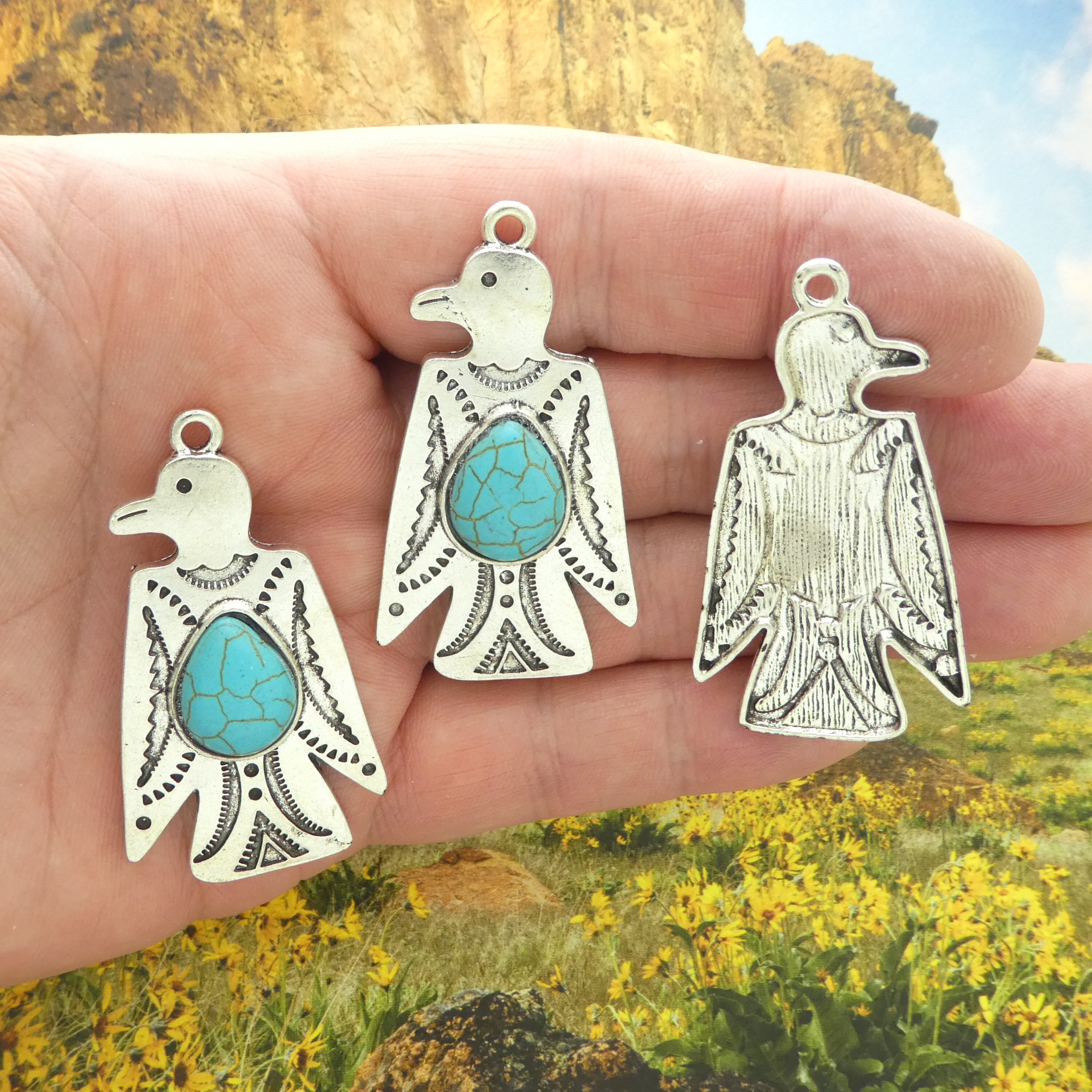 1 Silver Thunderbird Charm Pendant With Turquoise by TIJC