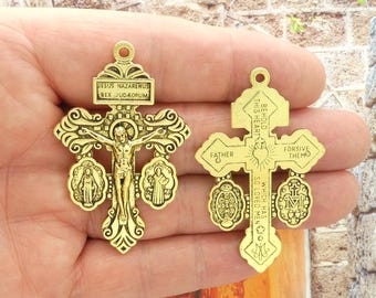 2 Gold 3 Way Pardon Indulgence Crucifix with Miraculous Medal and St Benedict Medal in Pewter by TIJC SP2254