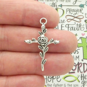 BULK 30 Rose Silver Cross Charm Pendant by TIJC SP0920B