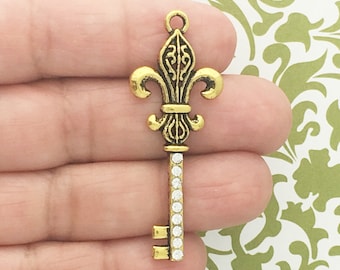 2 Gold Fleur De Lis Key Charm Pendant with Crystal by TIJC SP1433