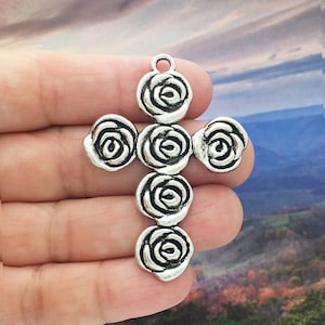 1 Rose Cross Charm Pendant Silver by TIJC SP0993