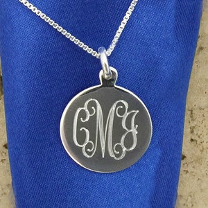 Sterling Silver Engraved Monogram Charm Pendant 18mm Round with Necklace 07694wc image 1
