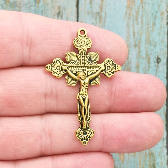 2 Gold Crucifix Cross Pendant Rosary Making Supplies by TIJC