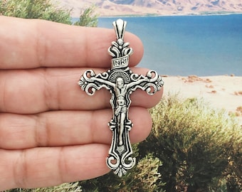 2 Silver Crucifix Cross Charm Pendant for Rosary Parts 60x33mm by TIJC SP1081