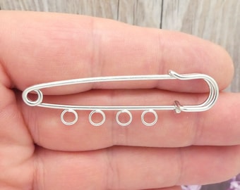 2 Silver Safety Pin Charm Holder With 4 Loops 21x75mm by TIJC