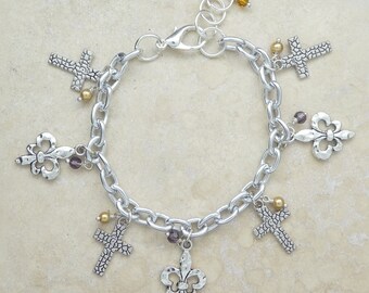 Cross Fleur De Lis Jewelry Charm Bracelet 8 Inch With Pearls