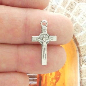 10 Silver Crucifix Cross Charm with St Benedict by TIJC SP1139