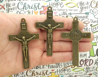 Bulk 3 Crucifix Cross Pendant St Benedict Medal Bronze by TIJC SP2224B