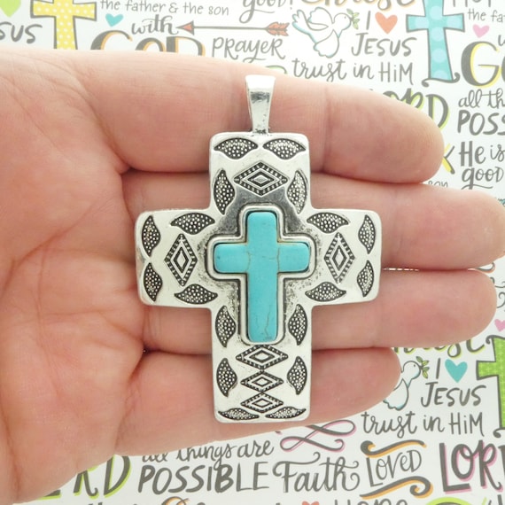 QiongXi Stainless Steel Jewelry Mens Necklace Vintage Turquoise Cross Titanium Steel Pendant NecklaceAs Shown 