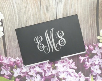 Personalized Business Card Case Holder Black and Silver with Monogram by TIJC FC86448BKIN