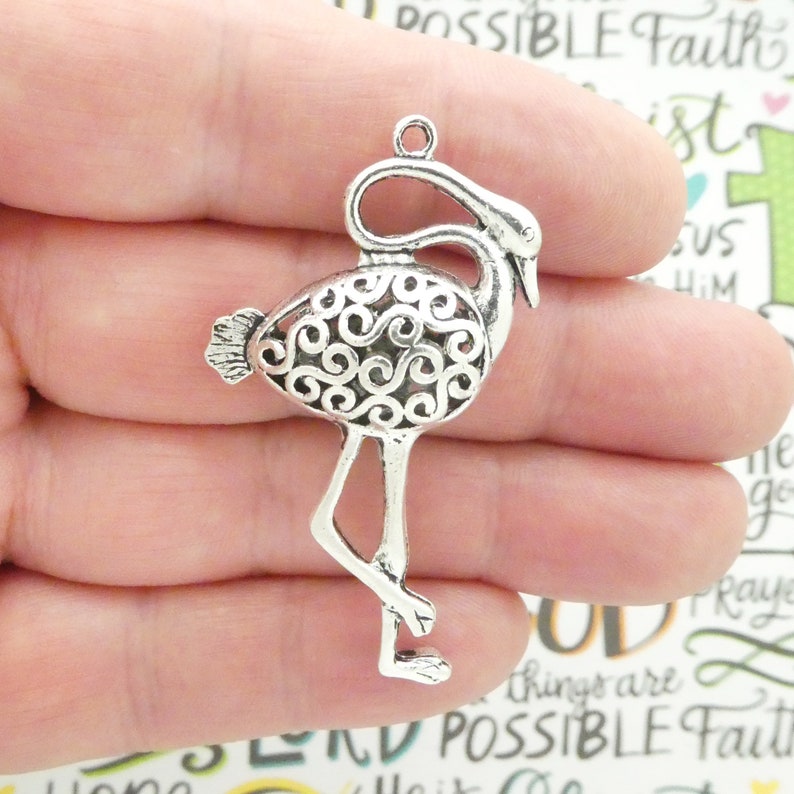 1 Silver Flamingo Pendant Art Deco Style 54x31mm by TIJC SP0655