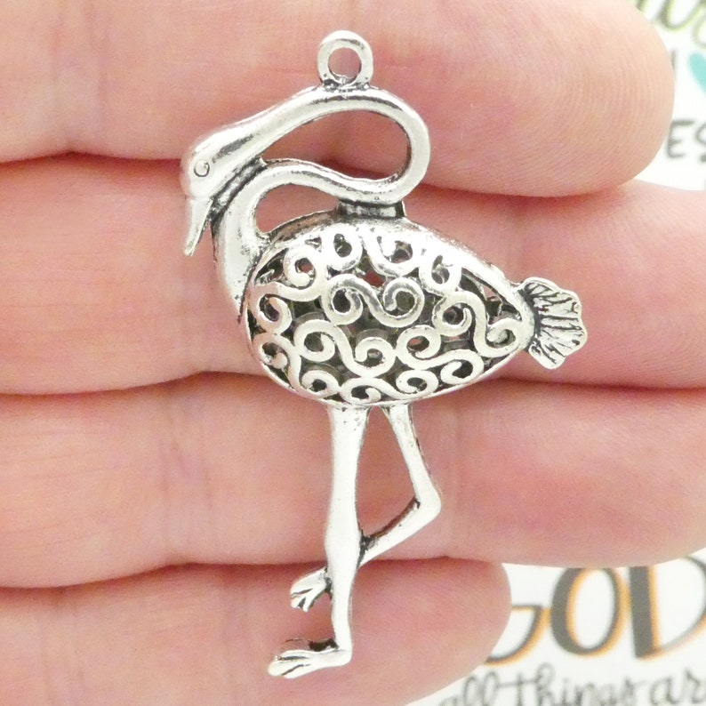 1 Silver Flamingo Pendant Art Deco Style 54x31mm by TIJC SP0655