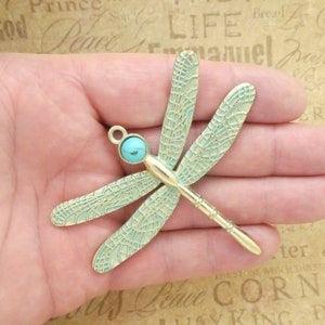 1 Dragonfly Charm Pendant Patina Gold with Turquoise Accent by TIJC SP1990