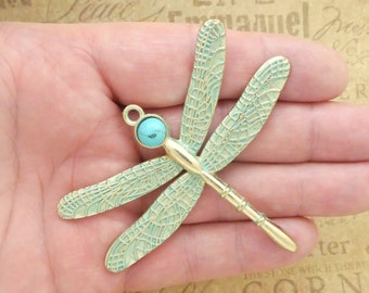 1 Dragonfly Charm Pendant Patina Gold with Turquoise Accent by TIJC SP1990