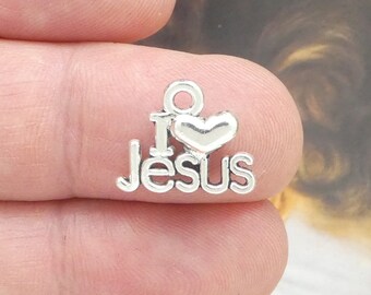 BULK 60 Silver I Love Jesus Charm Pendant 13x16mm by TIJC SP0846B