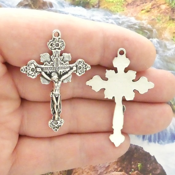 3 Silver Crucifix Cross Pendant Rosary Making Supplies by TIJC