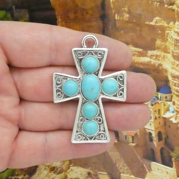 Wholesale Large Hammered Cross Jewelry Connectors with Turqu